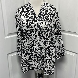 Carole Little Woman V-Neck Linen 3/4 Sleeve Blouse 2X